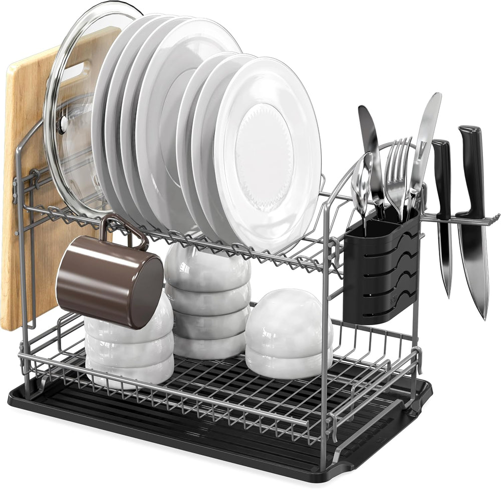 Simple Houseware 2-Tier Dish Rack with Drainboard, Silver