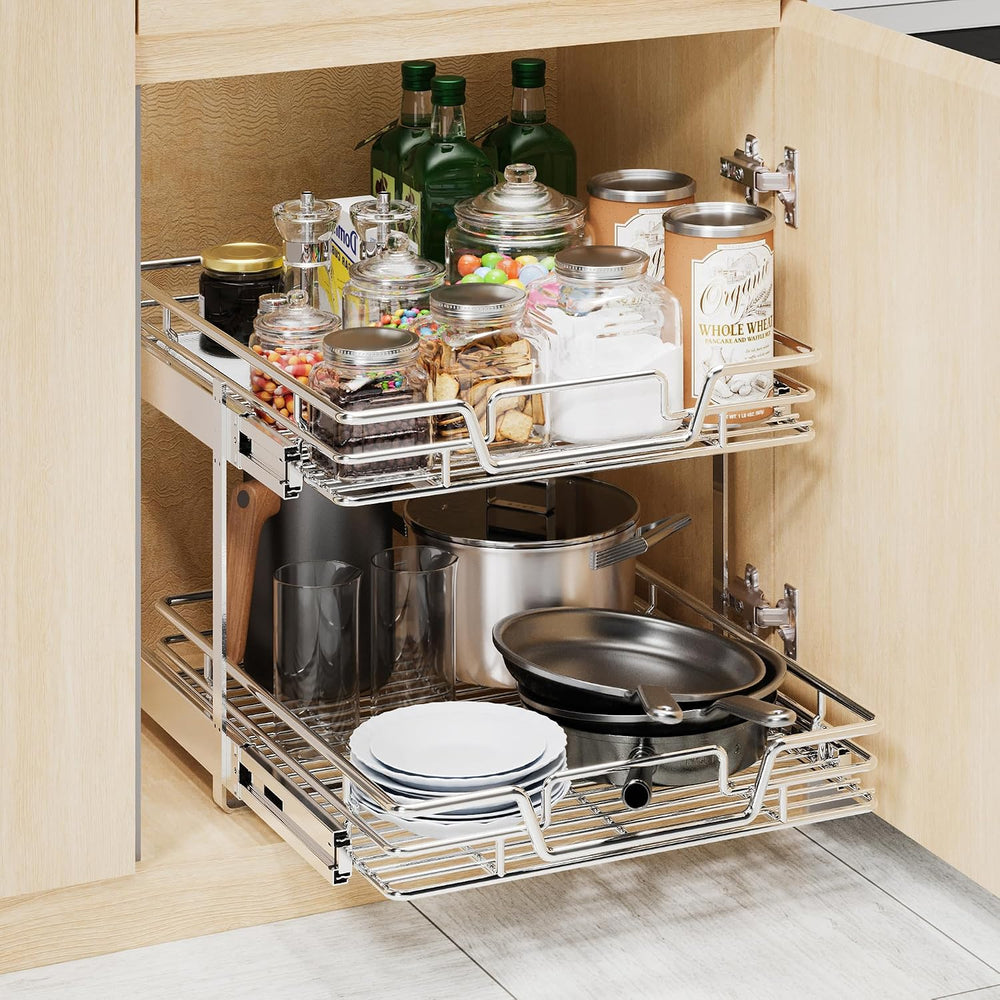 2-Tier Kitchen Cabinet Pull Out Shelf and Drawer Organizer Slide Out Pantry S...