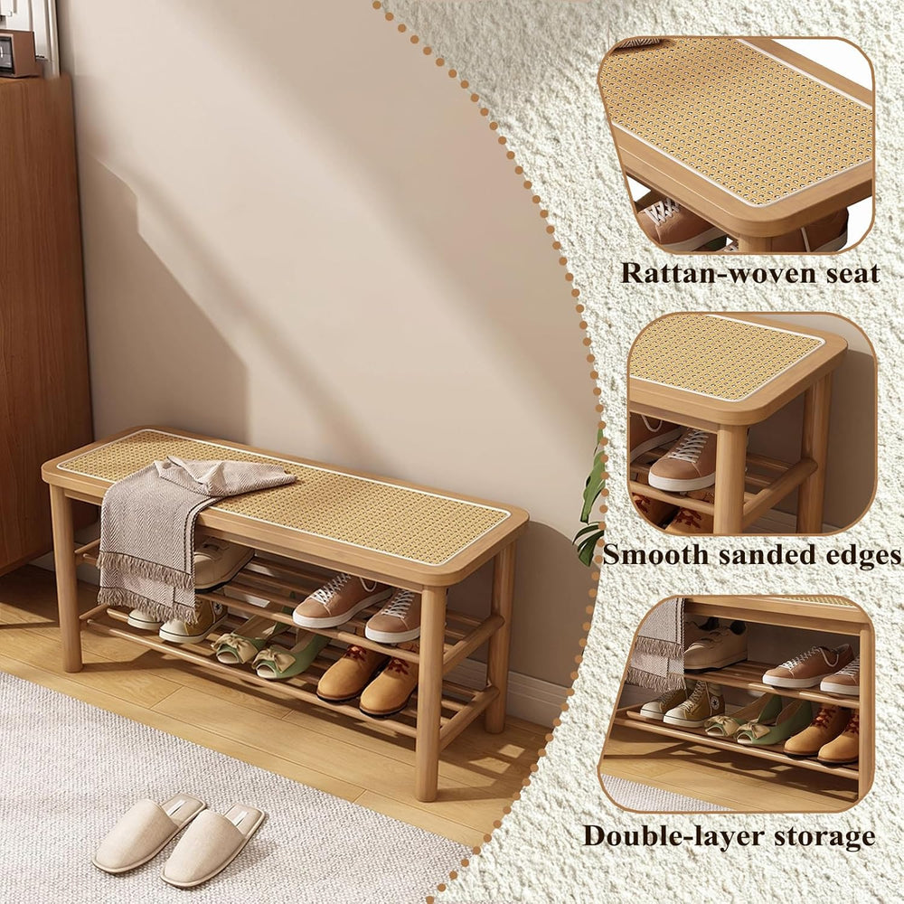 SOBIBO Bamboo Shoe Rack Bench with Rattan Seat, 3-Tier Shoe Storage Bench, En...
