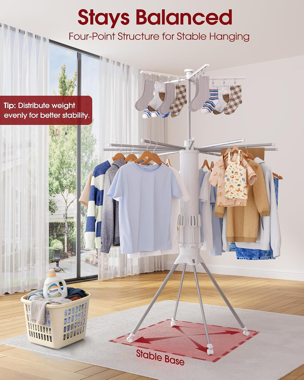 Sakugi Foldable Clothes Drying Rack, 12 Steel Arms, Silent Wheels, 71" H