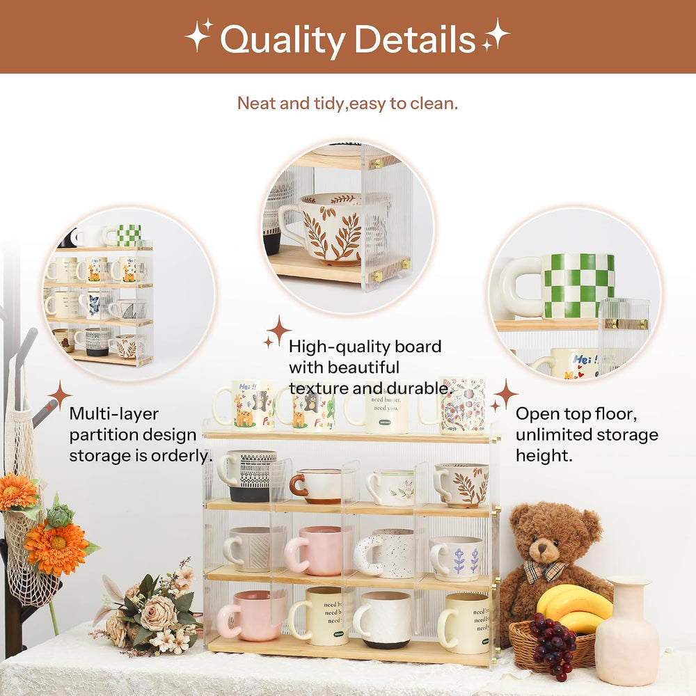Mug Shelf 4-Tier Walnut Coffee Cup Displays,Kitchen Spice Storage