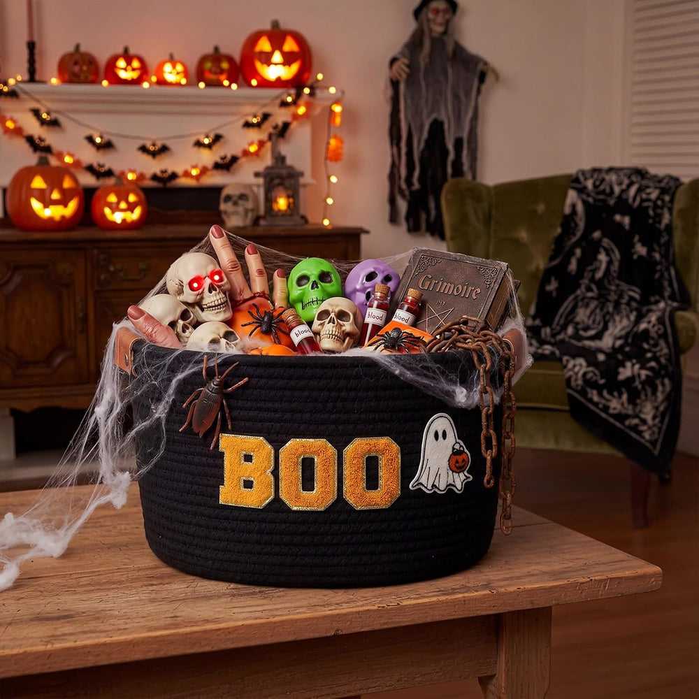 Halloween Woven Rope Basket with Boo Ghost Stickers