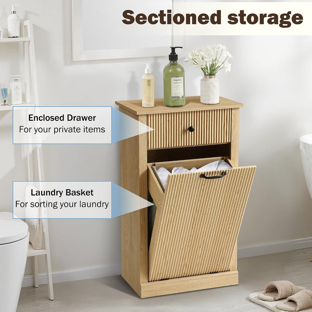 Wood Laundry Basket Cabinet, Hidden Trash Can Cabinet with Drawer, Versatile ...