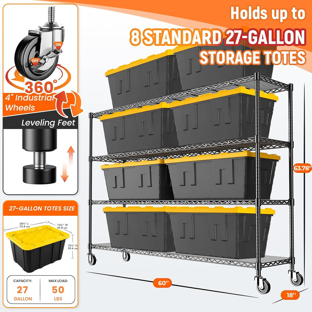 60" W Storage Shelves Wire Shelving with Wheels, Heavy Duty Metal Garage...