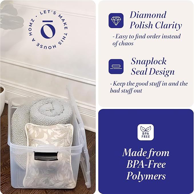 HOMZ 2-Pack Latching Lid, Large Clear Plastic Storage Bins