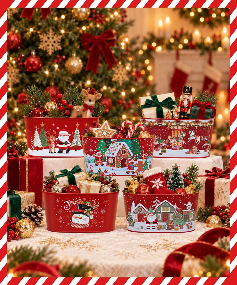 Putuo Decor 5 Pack Christmas Metal Tin Buckets Holiday Storage Decor