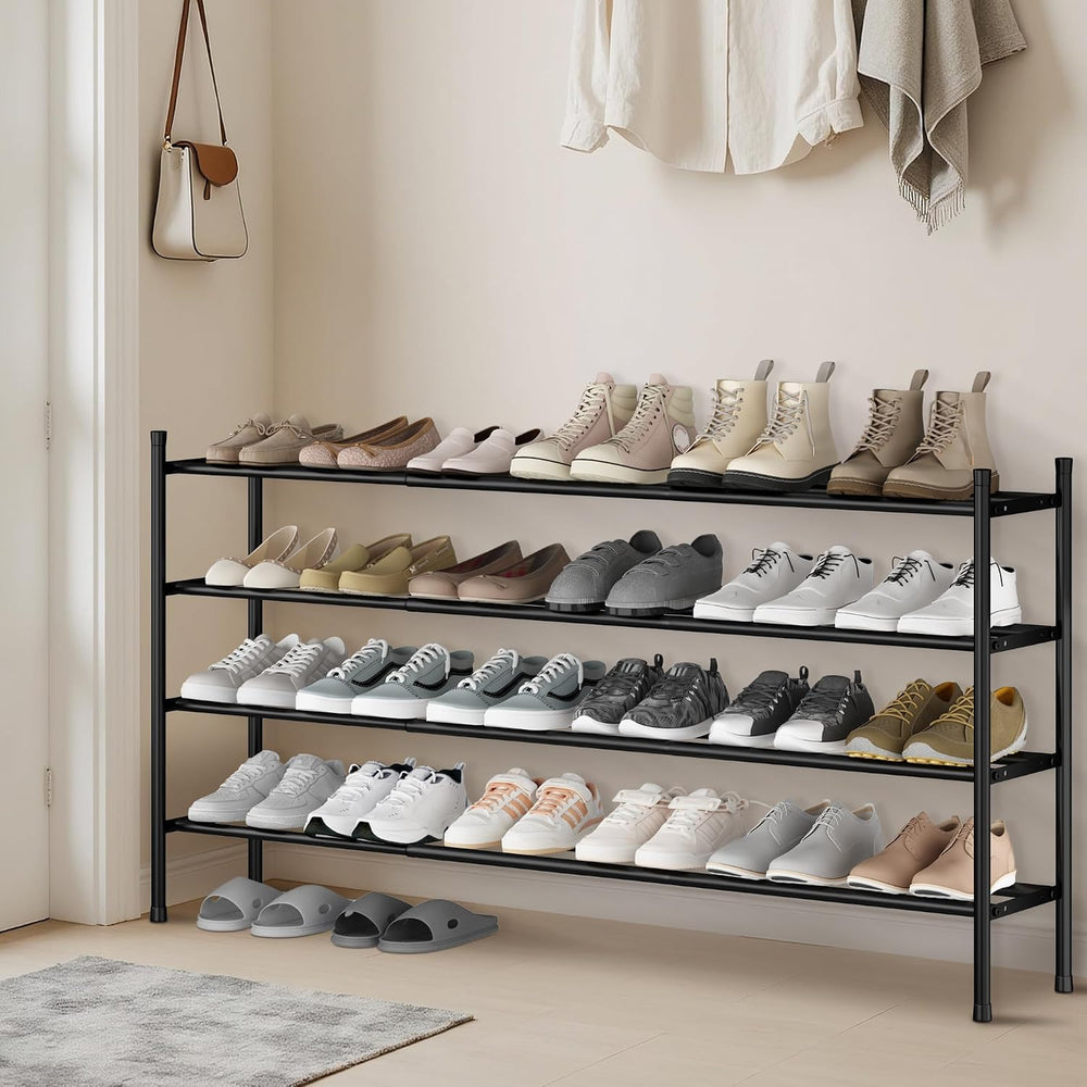 STORAGE MANIAC Long Expandable Shoe Rack, Holds Up 24 Pairs, Black 4 Tiers