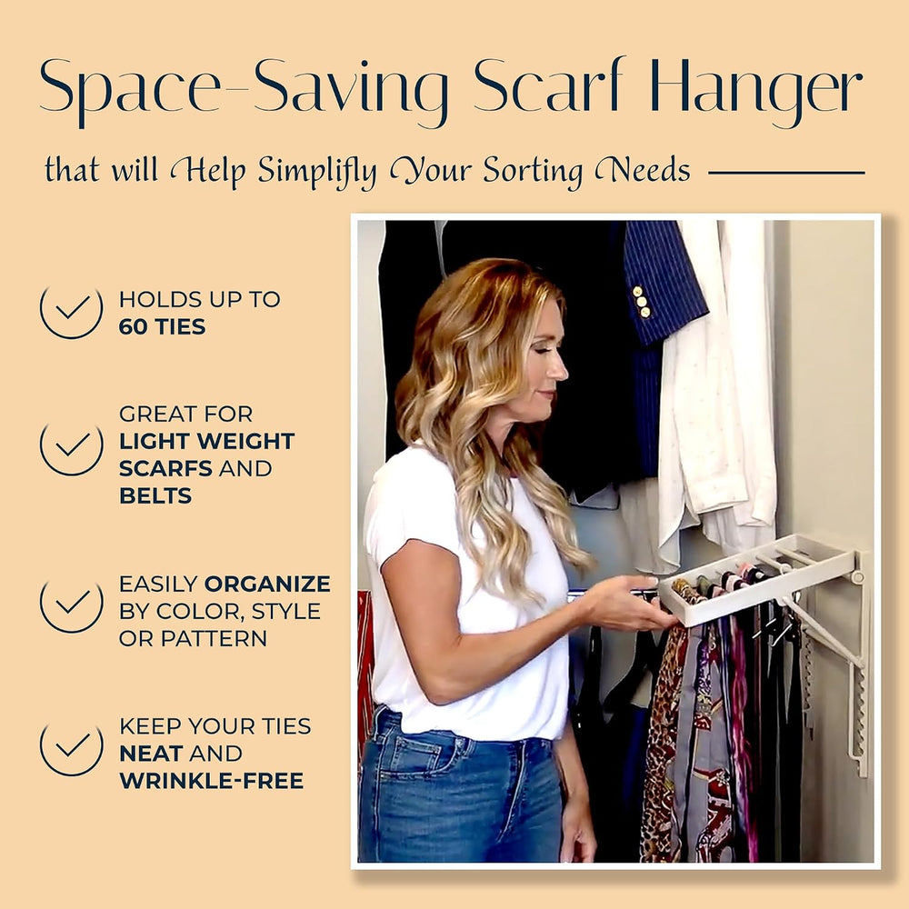 TieMaster Wall Mounted Tie Rack and Scarf Organizer with 5 Belt Hooks