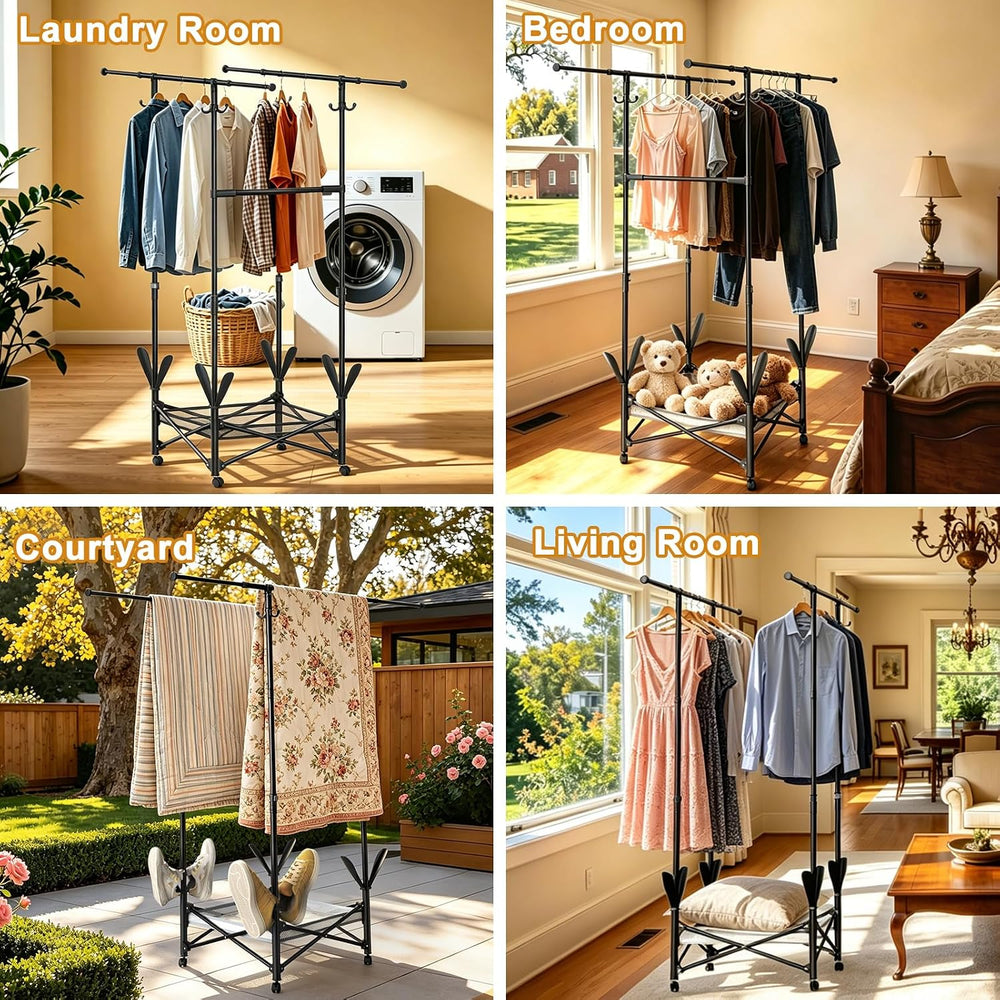 Portable Foldable Clothes Drying Rack - Adjustable Double Extendable Rods (33...