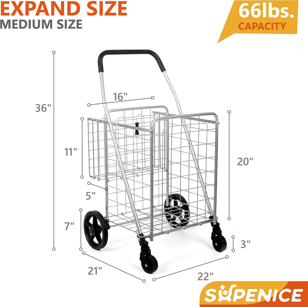 Grocery Utility Shopping Cart - Deluxe Folding Cart with Double Basket and 36...