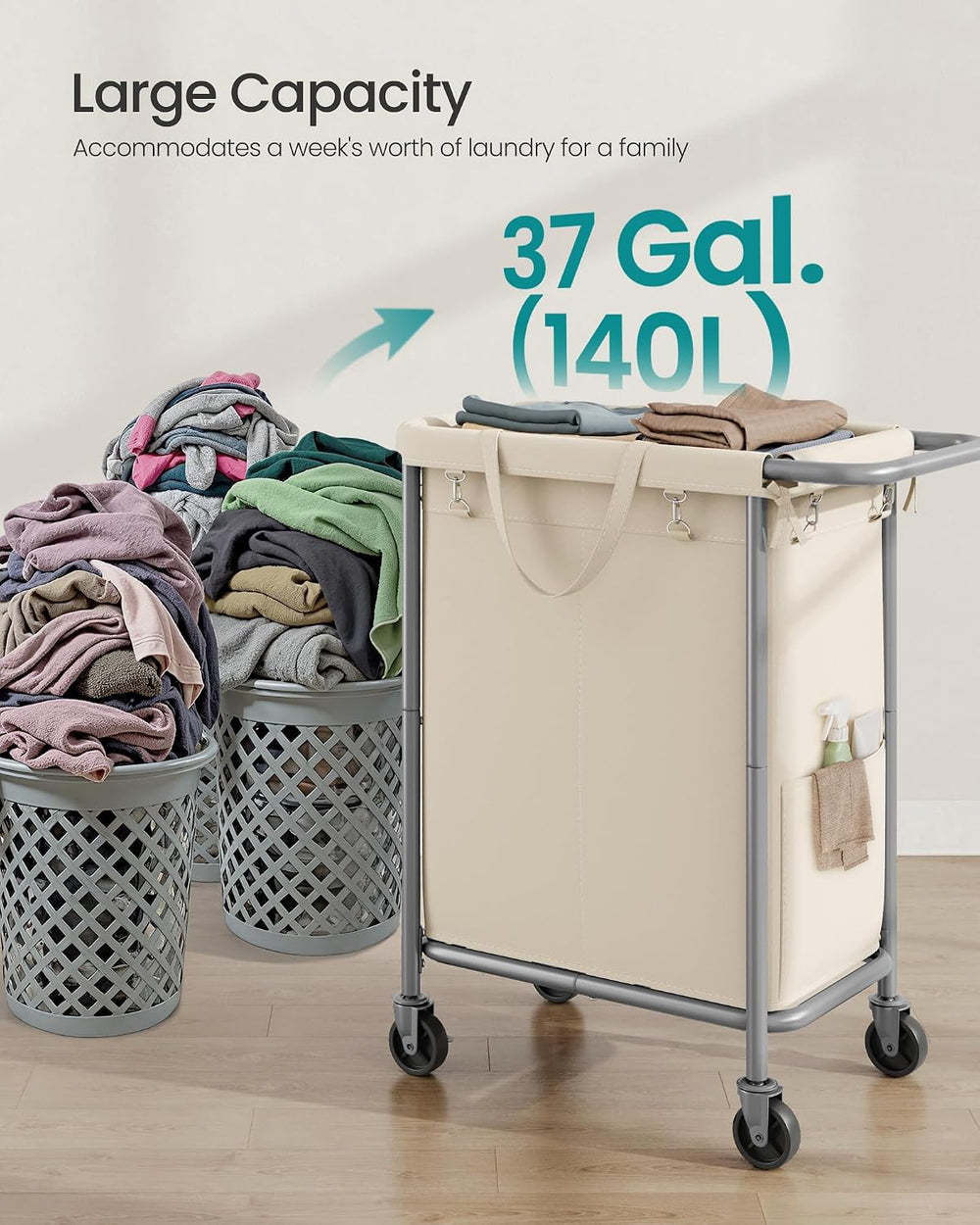 SONGMICS Laundry Basket with Wheels, 2-Section, 37.0 Gallons (140 L)