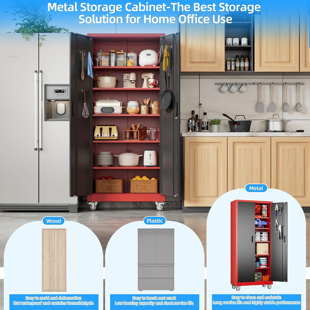 71"H Metal Garage Storage Cabinet,Tool Cabinet with Wheels,Pegboard