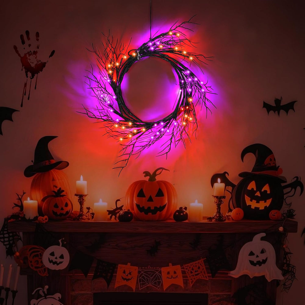 9 FT Halloween Lighted Twig Garland Decorations, 72 LED Orange Purple Lights ...