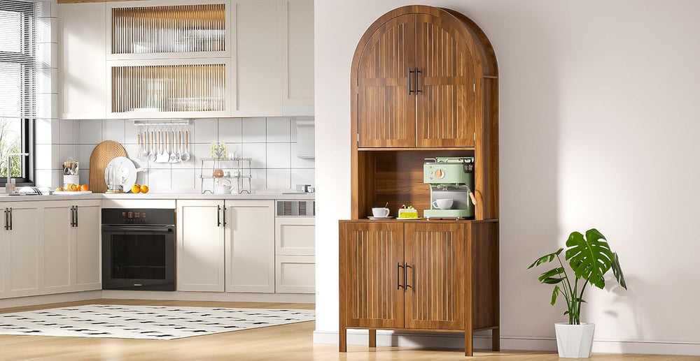 Arched Kitchen Pantry, Large Kitchen Storage Cabinet with Fluted Doors