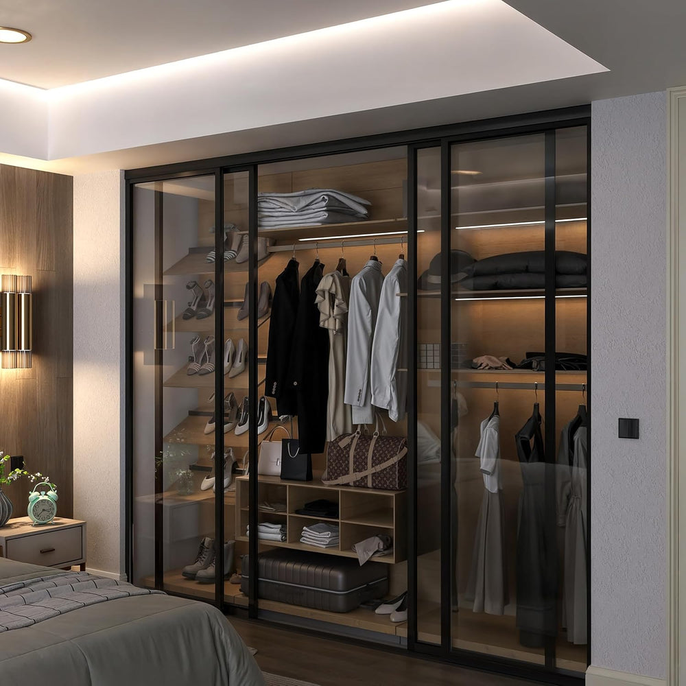 Door55 4 Panel Glass Sliding Closet Doors with Aluminum Frame, Silent Glide T...