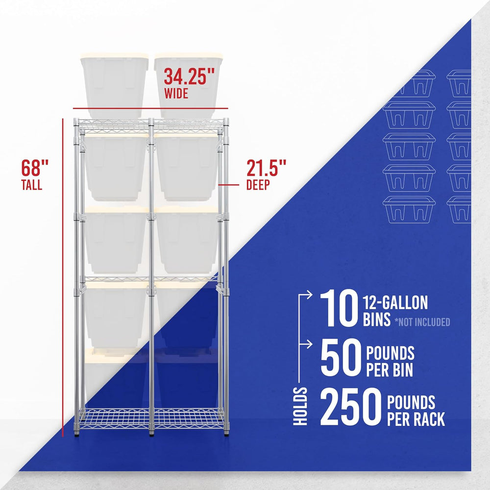 SafeRacks 12 Gallon Tote Storage Rack with 10 Bins and Lids, 5-Tier, Silver