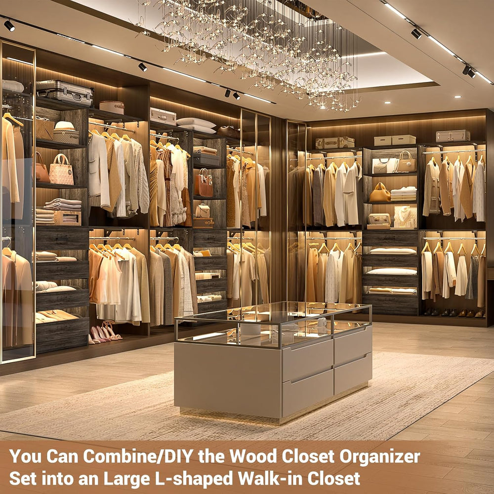 Aheaplus Closet System with 4 Drawers, 8FT Wood Closet Organizer System