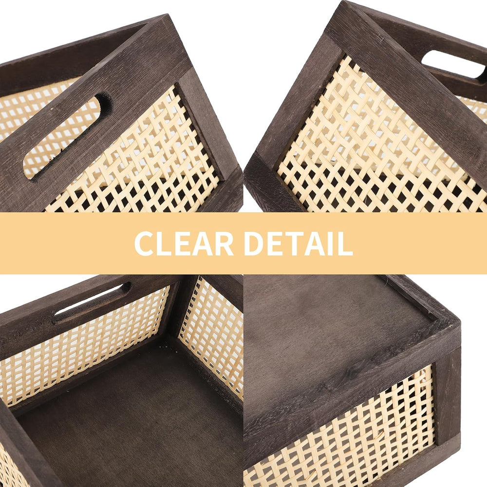Rattan Wooden Storage Basket with Handle, Brown Set of 2