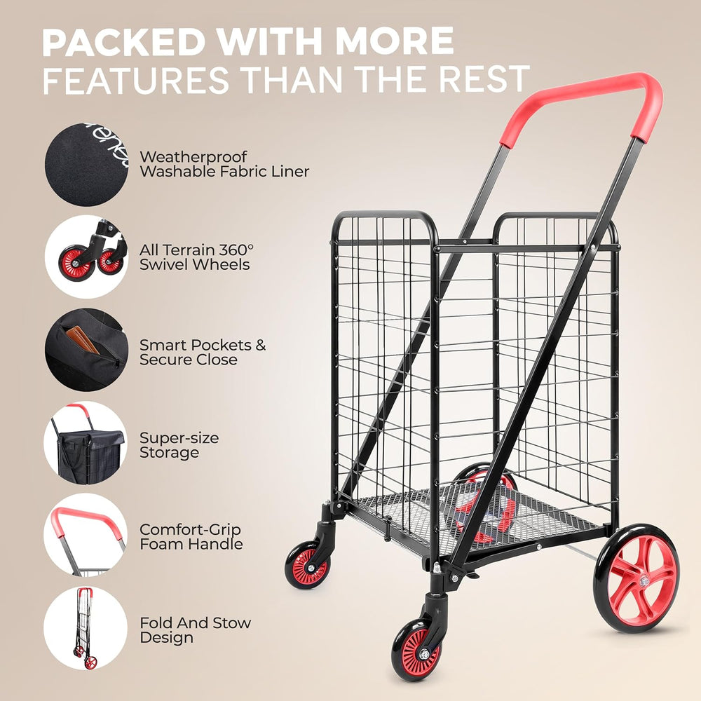 SereneLife Small Compact Folding Shopping Cart with Removable Waterproof Line...
