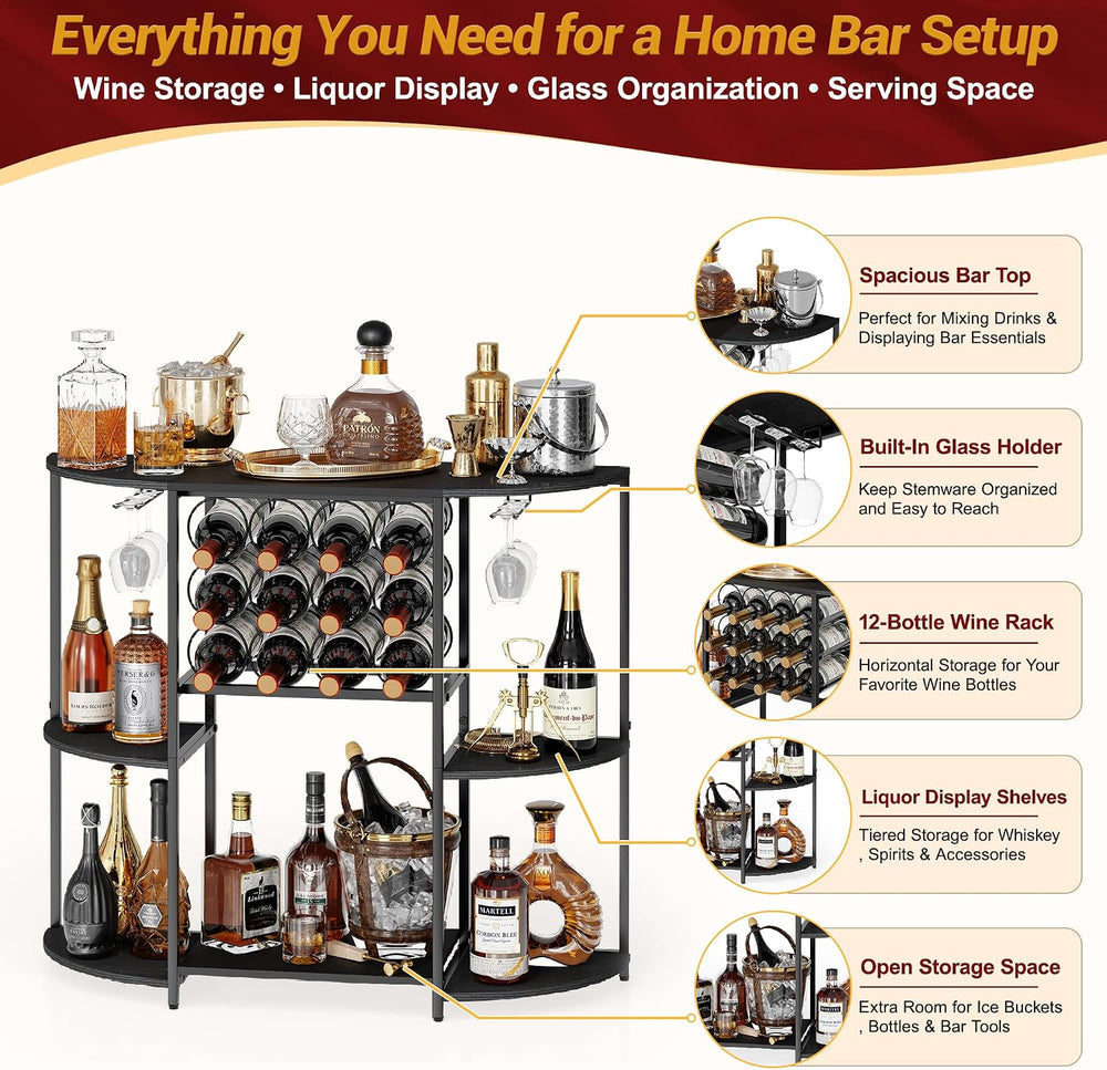 JKsmart Home Bar Cabinet with 12 Bottle Wine Rack, 3-Tier Liquor Cabinet with...