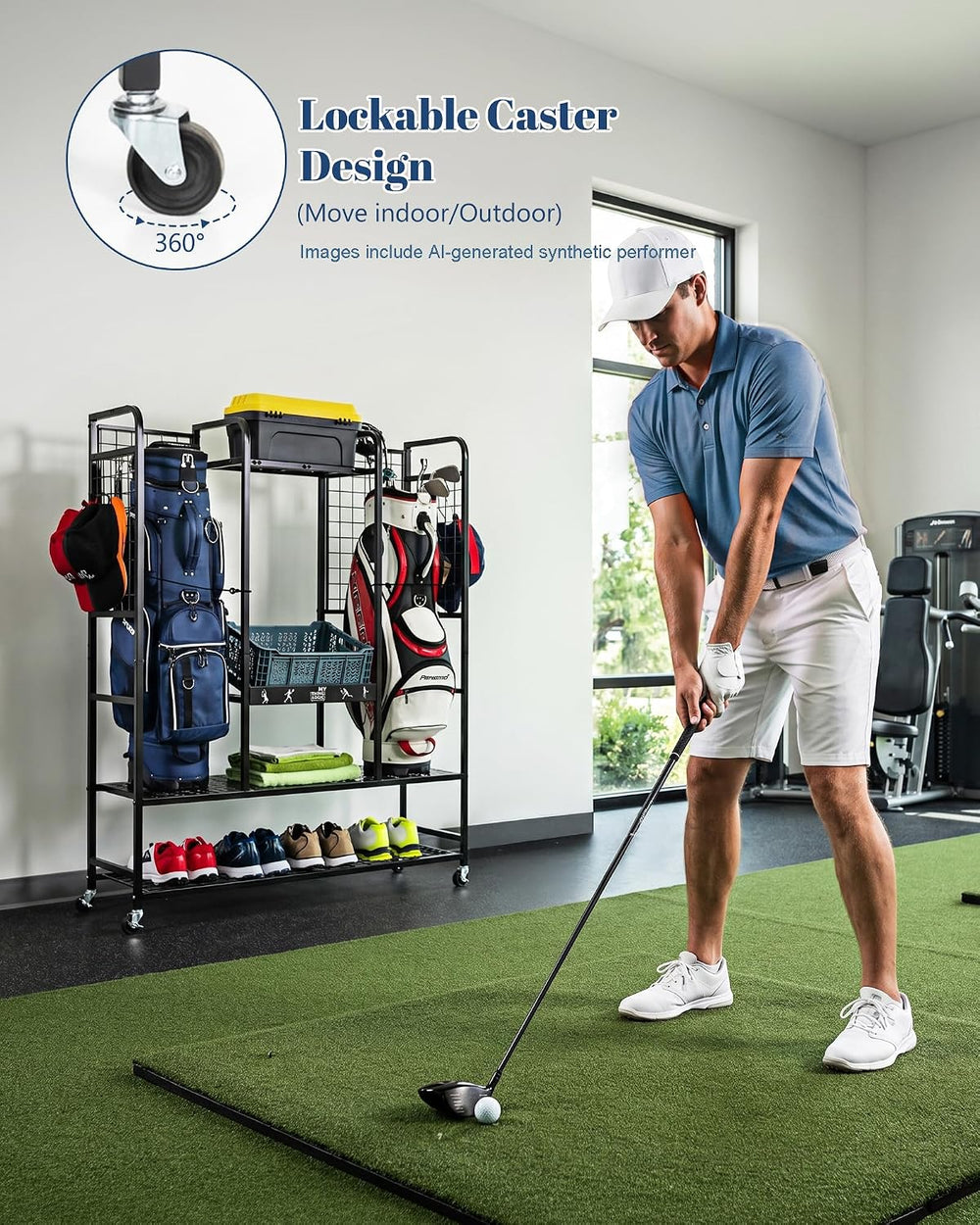 Mythinglogic Golf Bag Storage Rack with Wheels, 2 Golf Bag Garage Organizer