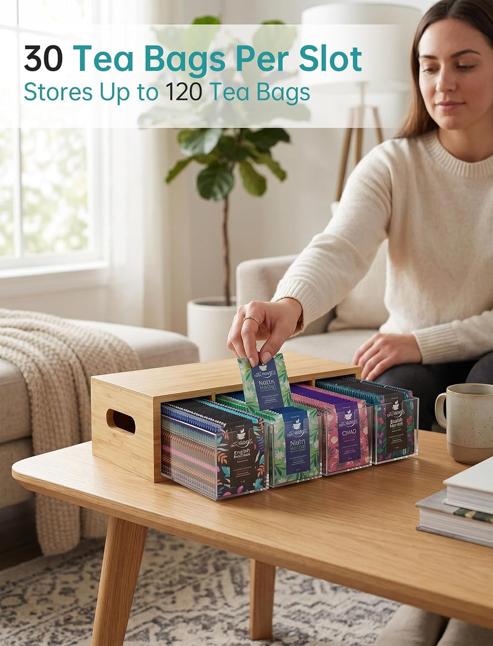NiHome Bamboo Tea Bag Organizer with 4 Clear Acrylic Drawers and Top Tray