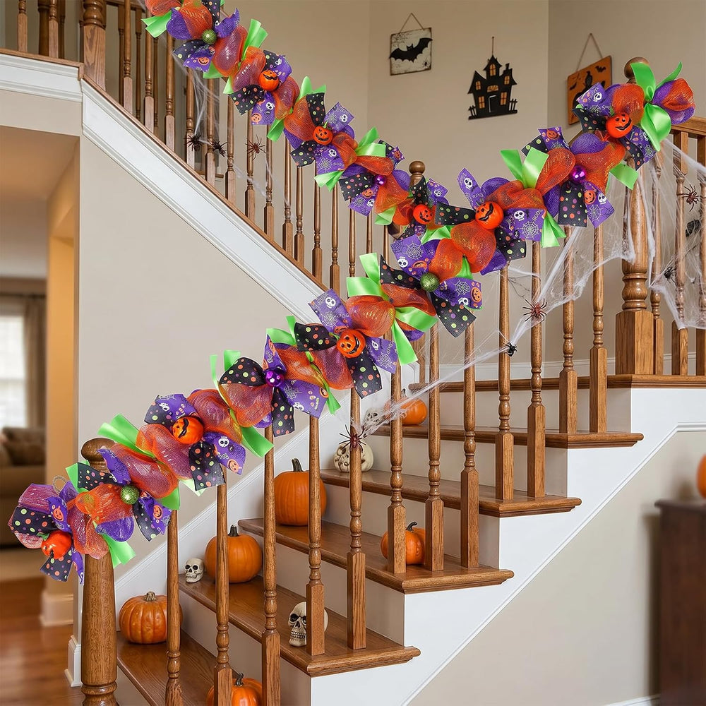 Halloween Garland for Mantle with Pumpkin Mesh Ribbons 6Ft