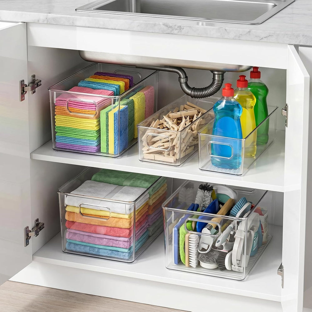 YKIOKE 8 Pack Clear Plastic Storage Bins with Handles, Stackable Organizer