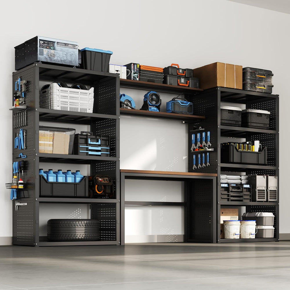 FLEXIMOUNTS 117" Garage Storage System with Workbench & Pegboard, Black