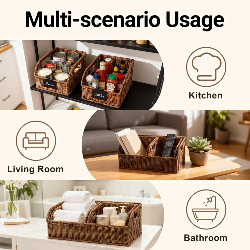 Brownlily Faux Wicker Pantry Storage Baskets, Brown-Single Set (3-Piece)
