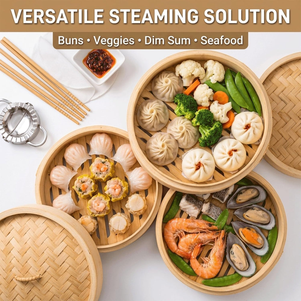 Bamboo Steamer Basket 10 Inch, 2-Tier Dumpling Steamer for Bao Buns, Dim Sum,...