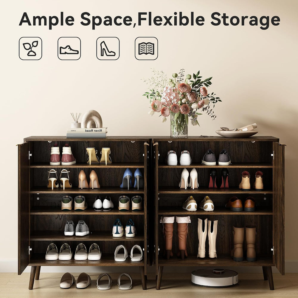 5-Tier Shoe Storage Cabinet with Adjustable Shelves, Walnut丨Fluted Shoe Cabin...