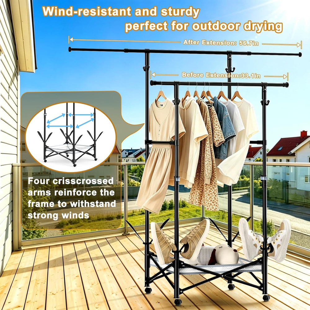 Portable Foldable Clothes Drying Rack - Adjustable Double Extendable Rods (33...
