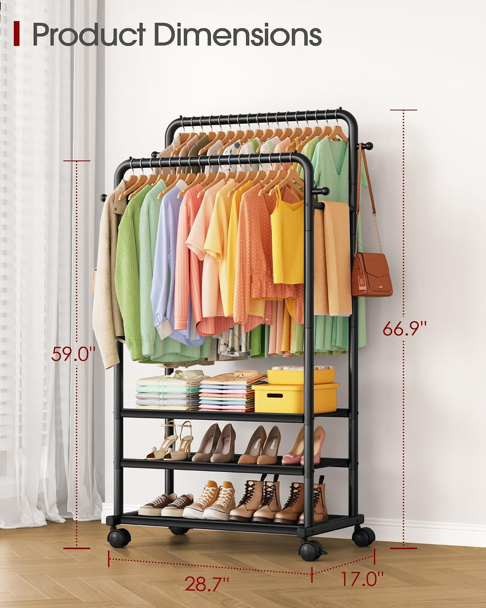 Sakugi Double Rod Clothes Rack with 3-Tier Shelves, 28.7"W x 17"D x...