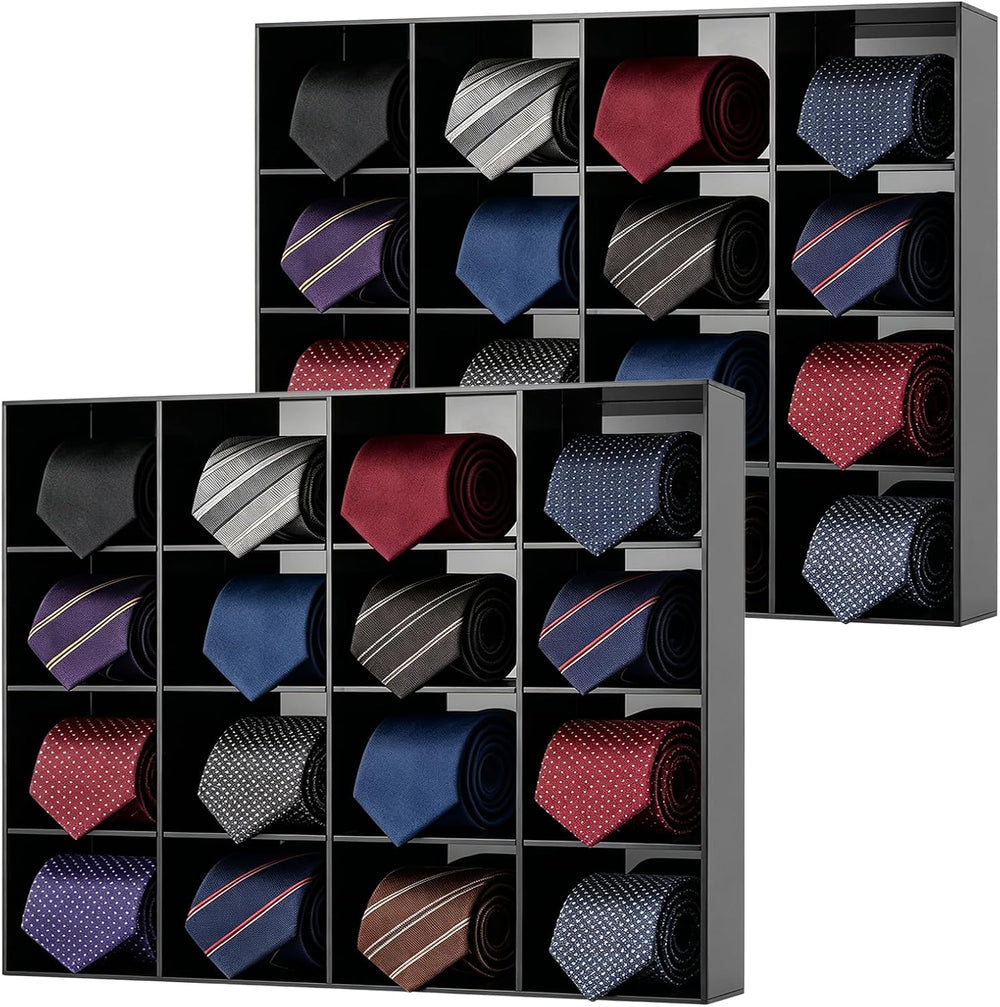 2 Pack Tie Box Organizer Wall Mounted Black Acrylic with 16 Compartments, Tie...