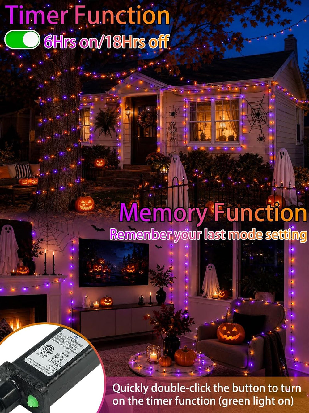 2 Pack 66FT 200 LED Halloween Lights Outdoor Indoor, Orange and Purple