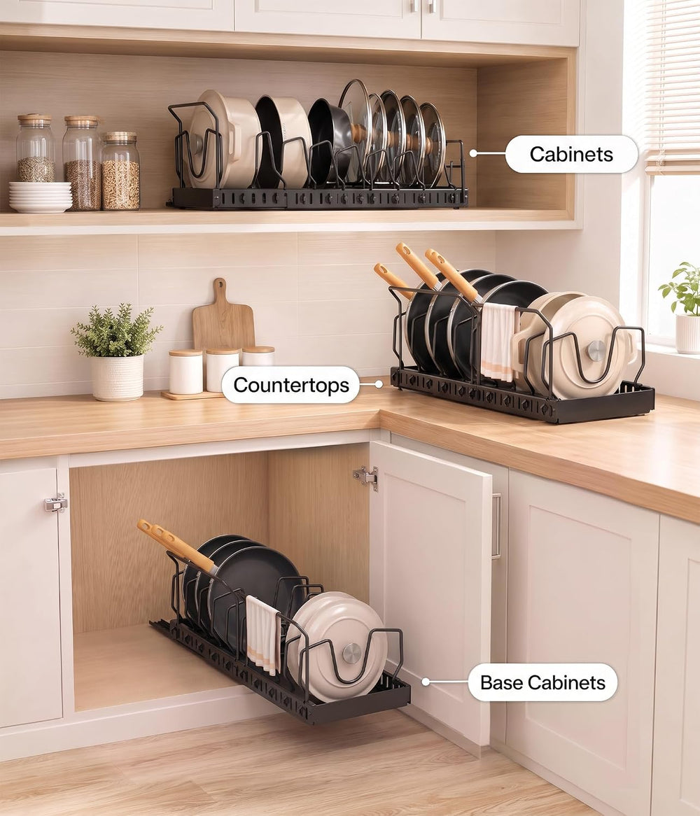 Pots and Pans Organizer Under Cabinet, 10 Dividers Pull Out Lid Organizer