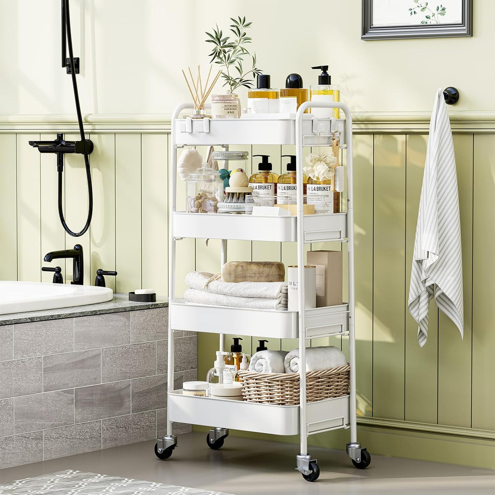 TOOLF 4 Tier Metal Rolling Cart, Utility Storage Cart with Wheels, White