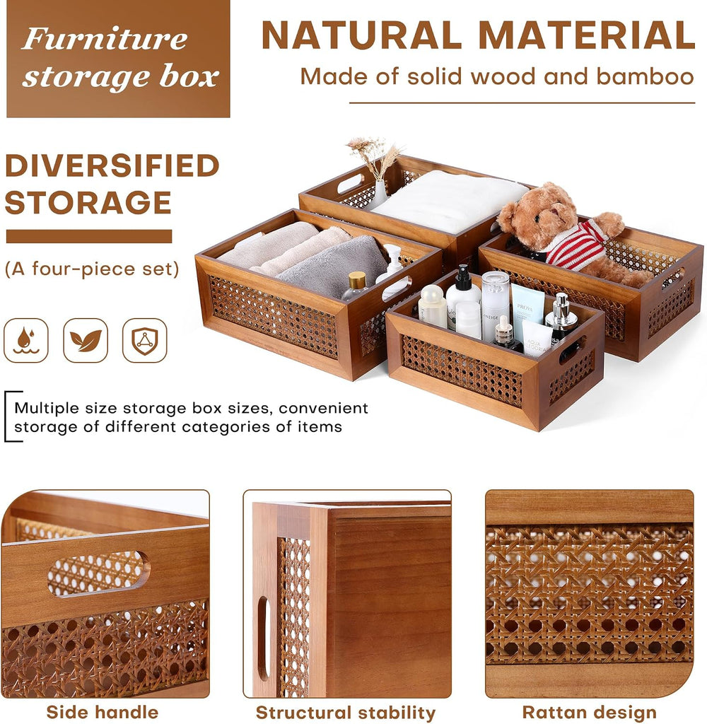 Rattan Wooden Box Set of 4 Handmade Decorative Storage Basket with Handles