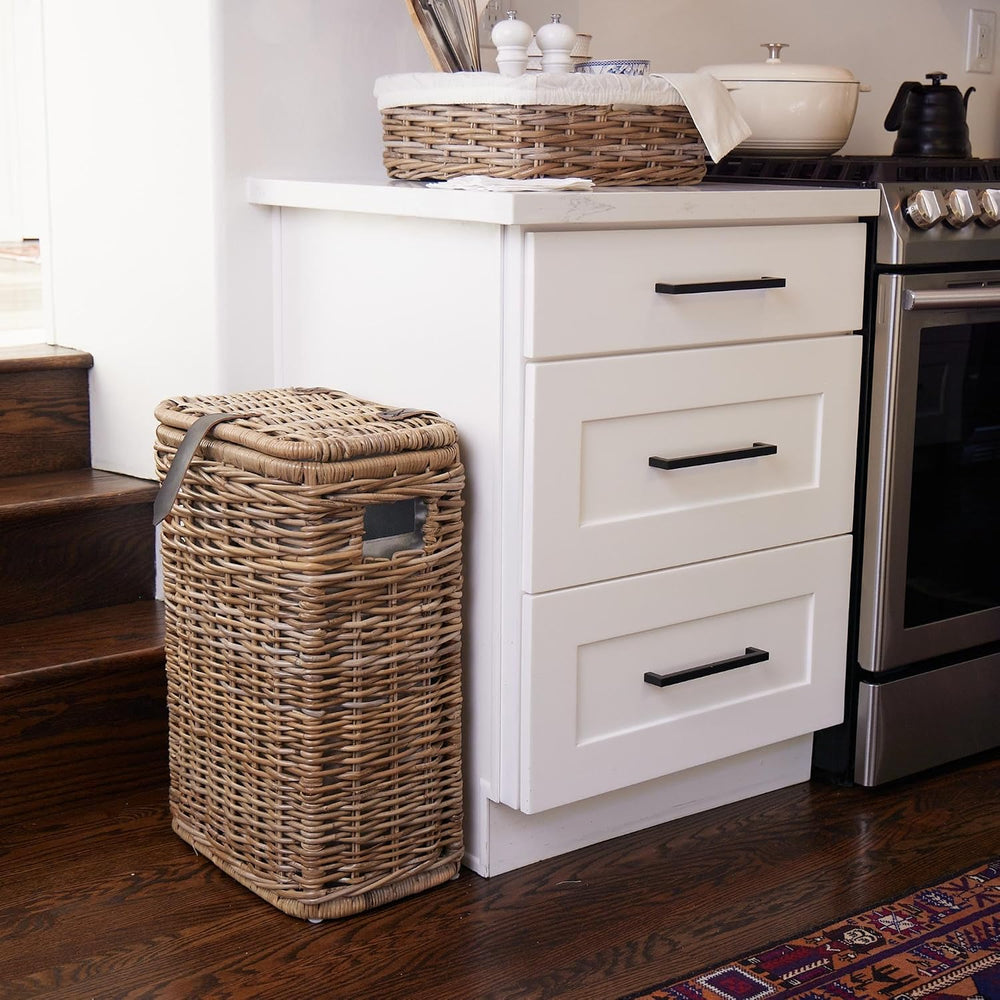 The Basket Lady Wicker Trash Basket with Metal Liner, Serene Grey