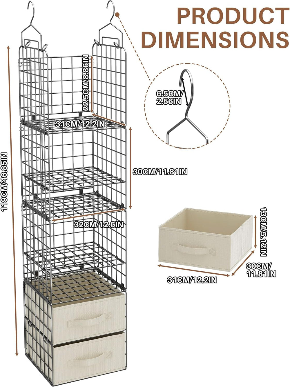 4 Tier Metal Hanging Closet Organizer with 2 Fabric Drawers