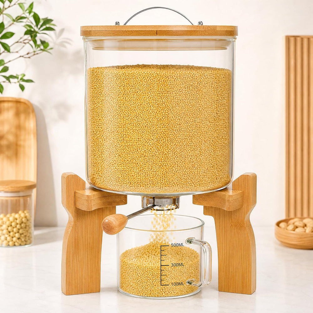 Goaste Glass Rice Dispenser with Bamboo Stand, 5L Flour Cereal Container with...