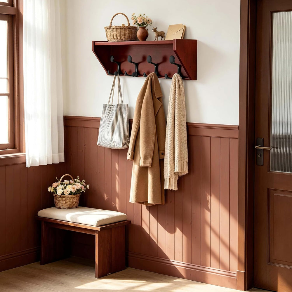 SKOLOO Wall Shelf with Hooks, 24-Inch Cherry Coat Rack Wall Mount with Shelf ...