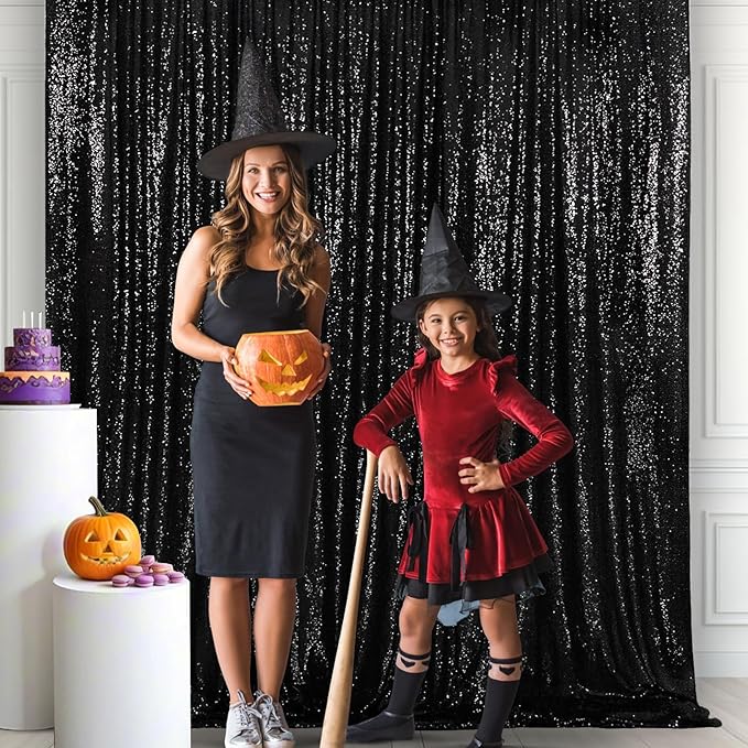 Eternal Beauty Black Thick Sequin Backdrop, 10x10 Ft Halloween Glitter Backgr...