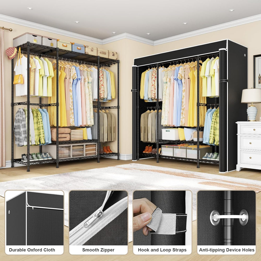 ULIFHOME E3C Heavy Duty Portable Closet Wardrobe with Black Fabric Cover