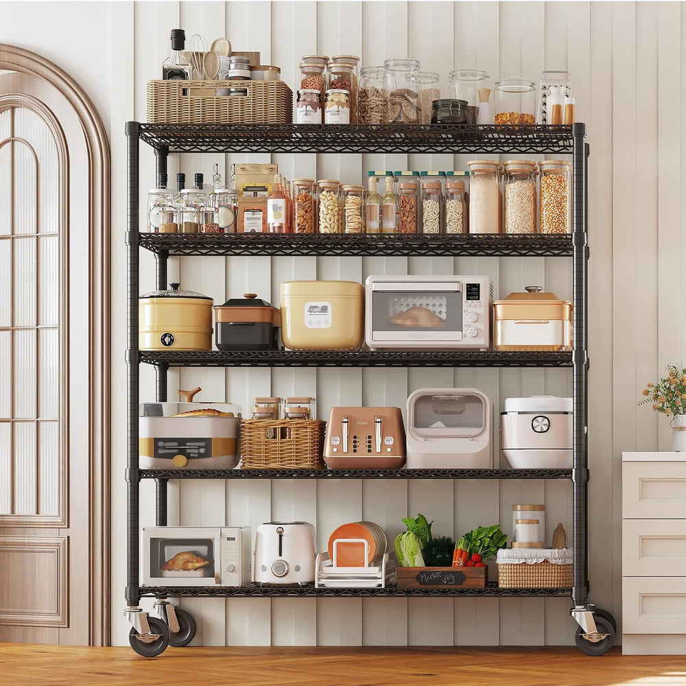 5 Tier Heavy Duty Metal Storage Shelves with Wheels Rolling Wire Rack