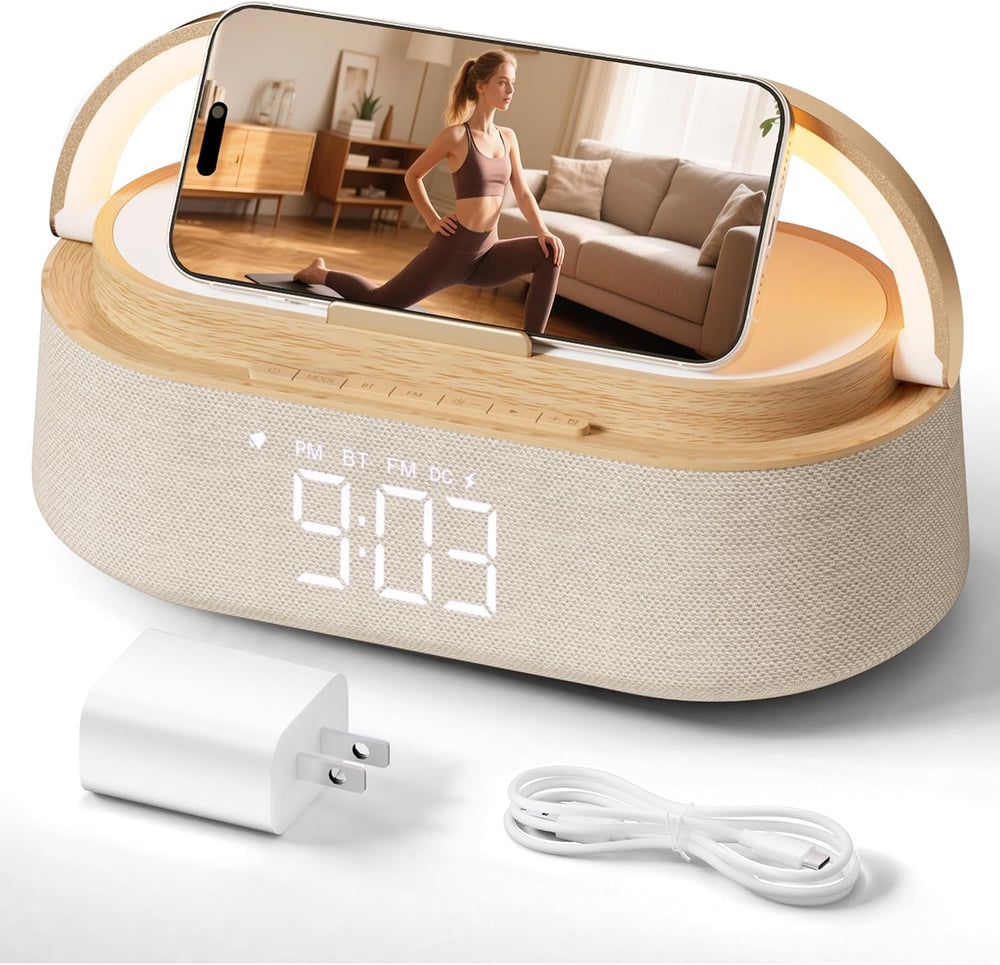 Alarm Clock Bedroom with Wireless Charger Bluetooth Speaker FM Radio Light