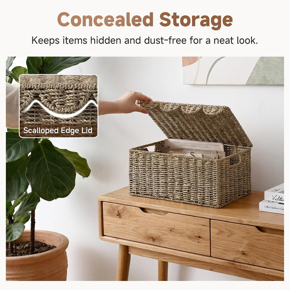 StorageWorks Scalloped Wicker Basket with Lid, Seagrass Storage Baskets