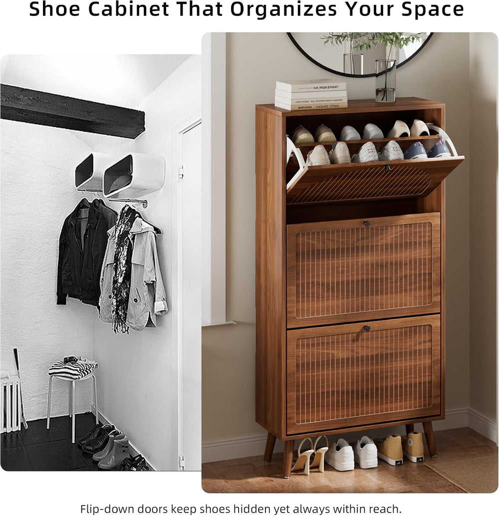 Fsbecl Shoe Storage Cabinet for Entryway with 3 Fluted Flip Drawers, Walnut