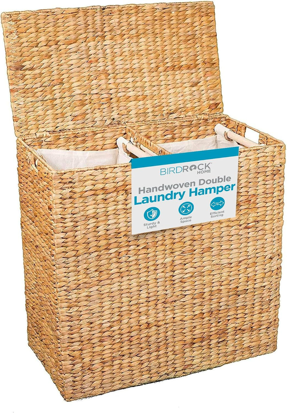BirdRock Home Water Hyacinth Laundry Hamper Divided Interior - Hand Woven Hya...